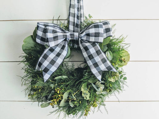 Fresh Eucalyptus Boxwood Wreath for window and door with Buffalo plaid bow, Rustic Wreath, Farmhouse Wreath, Wedding Wreath, Kitchen Wreath