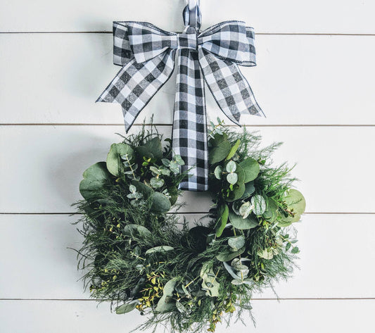 Fresh Eucalyptus Boxwood Wreath for window and door with buffalo plaid bow, Green Wreath, Rustic Wreath, Farmhouse Wreath, Wedding Wreath