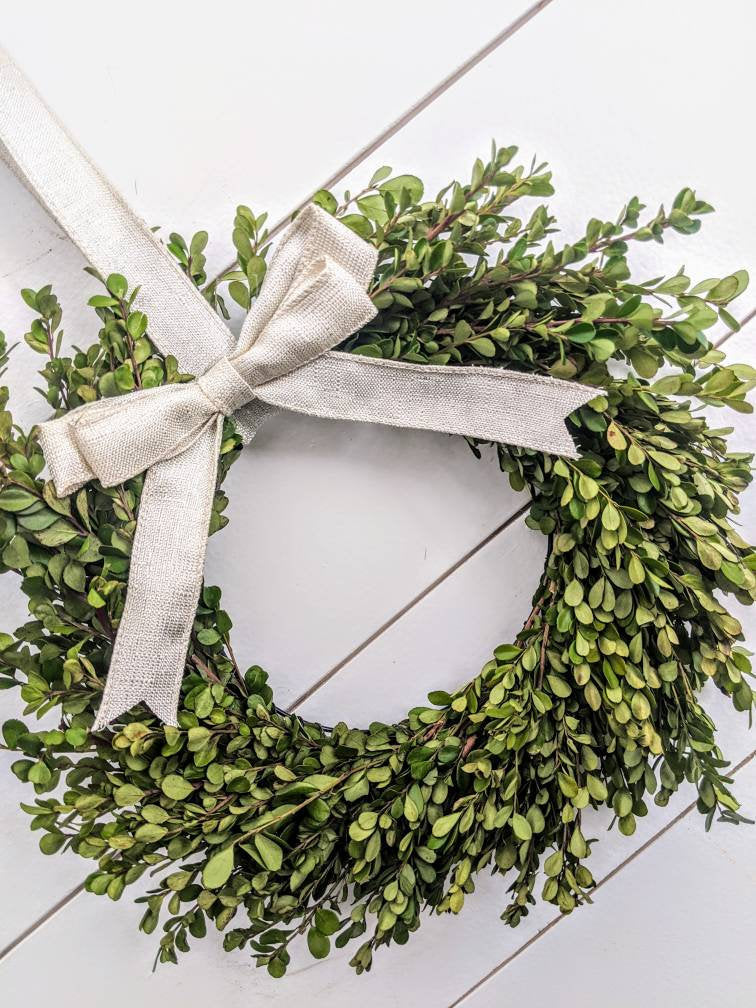 Fresh Boxwood Wreath For Window Or Door With White Bow, Farmhouse Wreath, Rustic Wreath, Green Wreath, Small Mini Wreath, Wedding Wreath