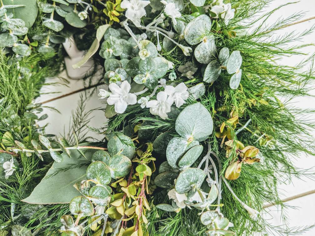 Fresh Eucalyptus Boxwood Spring Wreath for window and door with real babies breath flowers, Rustic Wreath, Farmhouse Wreath, Wedding Wreath