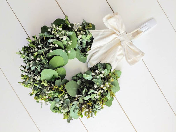 Fresh Eucalyptus Boxwood Wreath With White Bow and Real Baby's Breath Flowers, Green Wreath, Farmhouse Wreath, Rustic Wreath, Wedding Wreath
