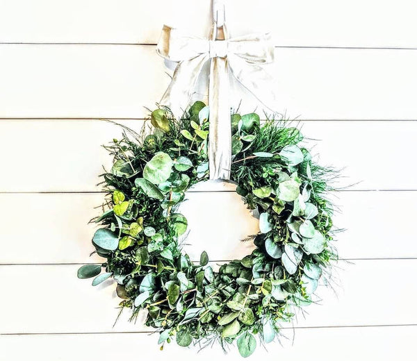 Fresh Eucalyptus Boxwood Wreath for window and door with white bow, Rustic Wreath, Farmhouse Wreath, Wedding Wreath, Kitchen Wreath