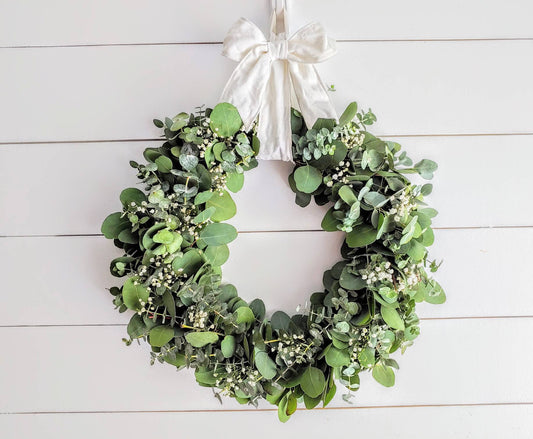 Fresh Eucalyptus Boxwood Wreath With White Bow and Real Baby's Breath Flowers, Green Wreath, Farmhouse Wreath, Rustic Wreath, Wedding Wreath