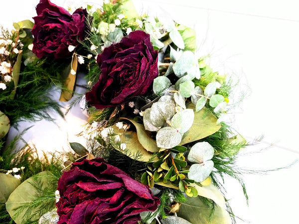 Fresh Eucalyptus Boxwood Wreath With Dried Red Roses and Babies Breath, Green Wreath, Farmhouse Wreath, Rustic Wreath, Wedding Wreath