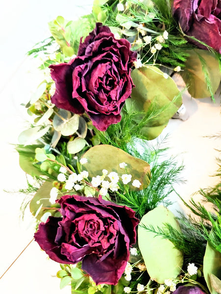 Fresh Eucalyptus Boxwood Wreath With Dried Red Roses and Babies Breath, Green Wreath, Farmhouse Wreath, Rustic Wreath, Wedding Wreath
