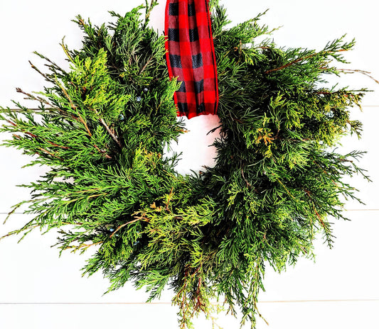 Fresh Christmas Wreath Cedar With Juniper Berries And Red Burlap Buffalo Bow, Live Christmas Wreath, Live Evergreen Christmas Wreath