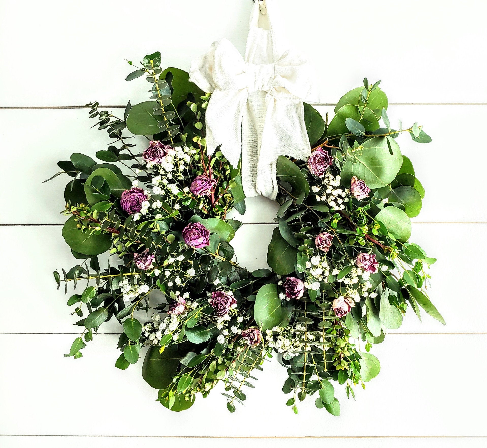 Fresh Eucalyptus Boxwood Wreath With Dried Pink Roses and Babies Breath, Green Wreath, Farmhouse Wreath, Rustic Wreath, Wedding Wreath
