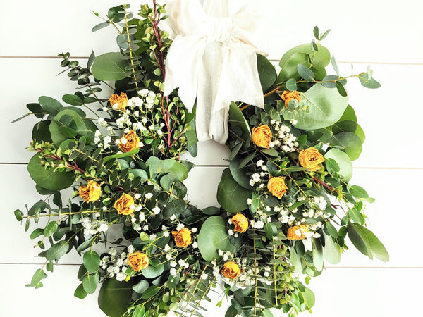 Fresh Eucalyptus Boxwood Wreath With Dried Pink Roses and Babies Breath, Green Wreath, Farmhouse Wreath, Rustic Wreath, Wedding Wreath