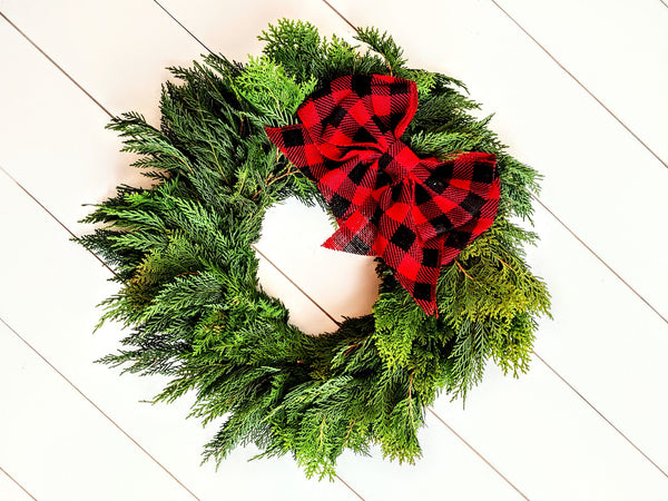 Fresh Christmas Wreath Cedar Cypress And Red Burlap Buffalo Bow, Live Christmas Wreath, Live Evergreen Christmas Wreath