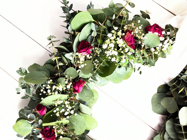 Fresh Eucalyptus Boxwood Wreath With Dried Pink Roses and Babies Breath, Green Wreath, Farmhouse Wreath, Rustic Wreath, Wedding Wreath