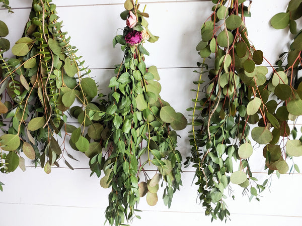 Fresh Eucalyptus Wall Hanging Swag With Dried Roses, Fresh Wreath, Farmhouse Rustic, Wedding Decor, Kitchen Wall Decor, Mothers Day Gift,