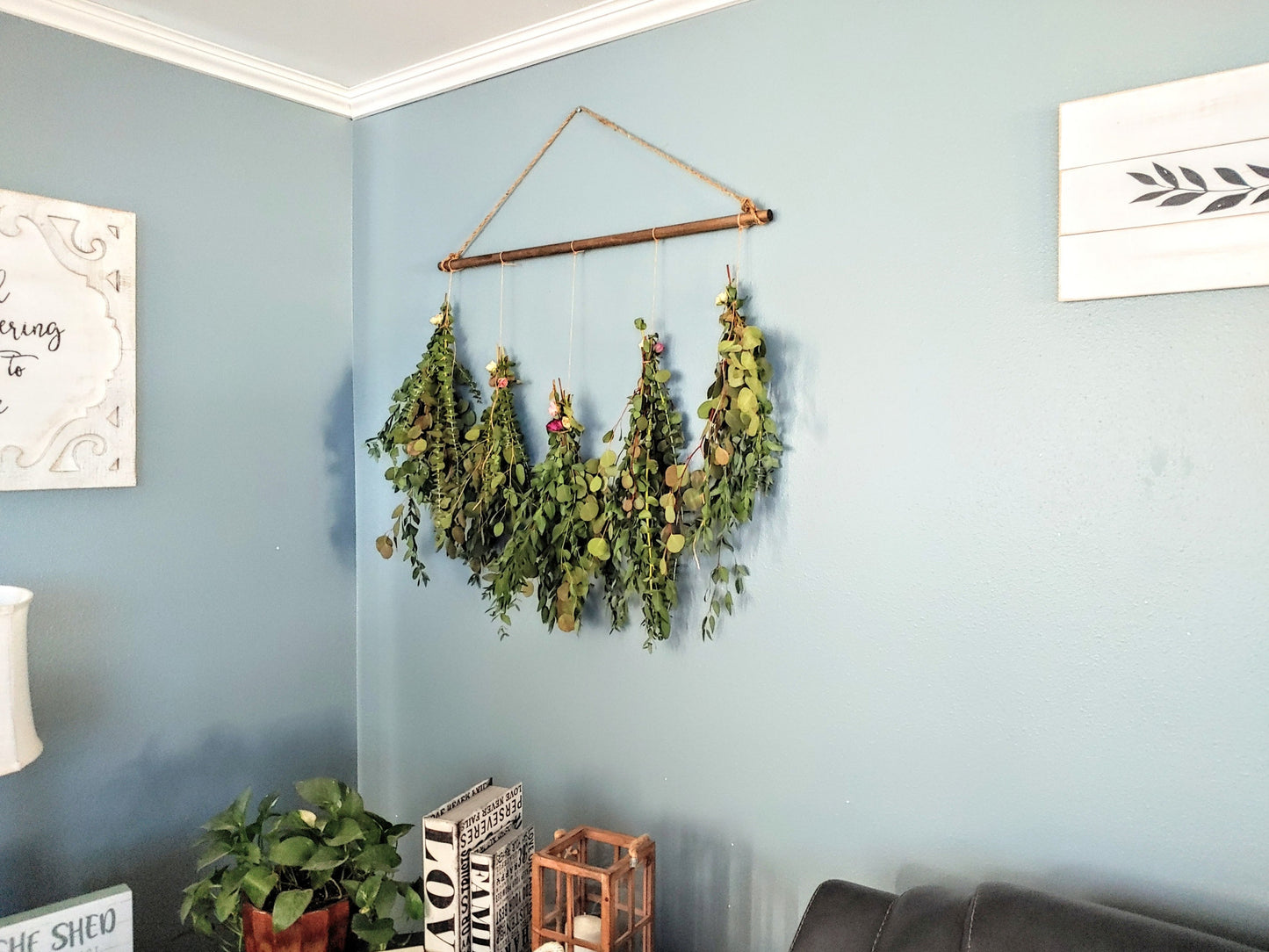 Fresh Eucalyptus Wall Hanging Swag With Dried Roses, Fresh Wreath